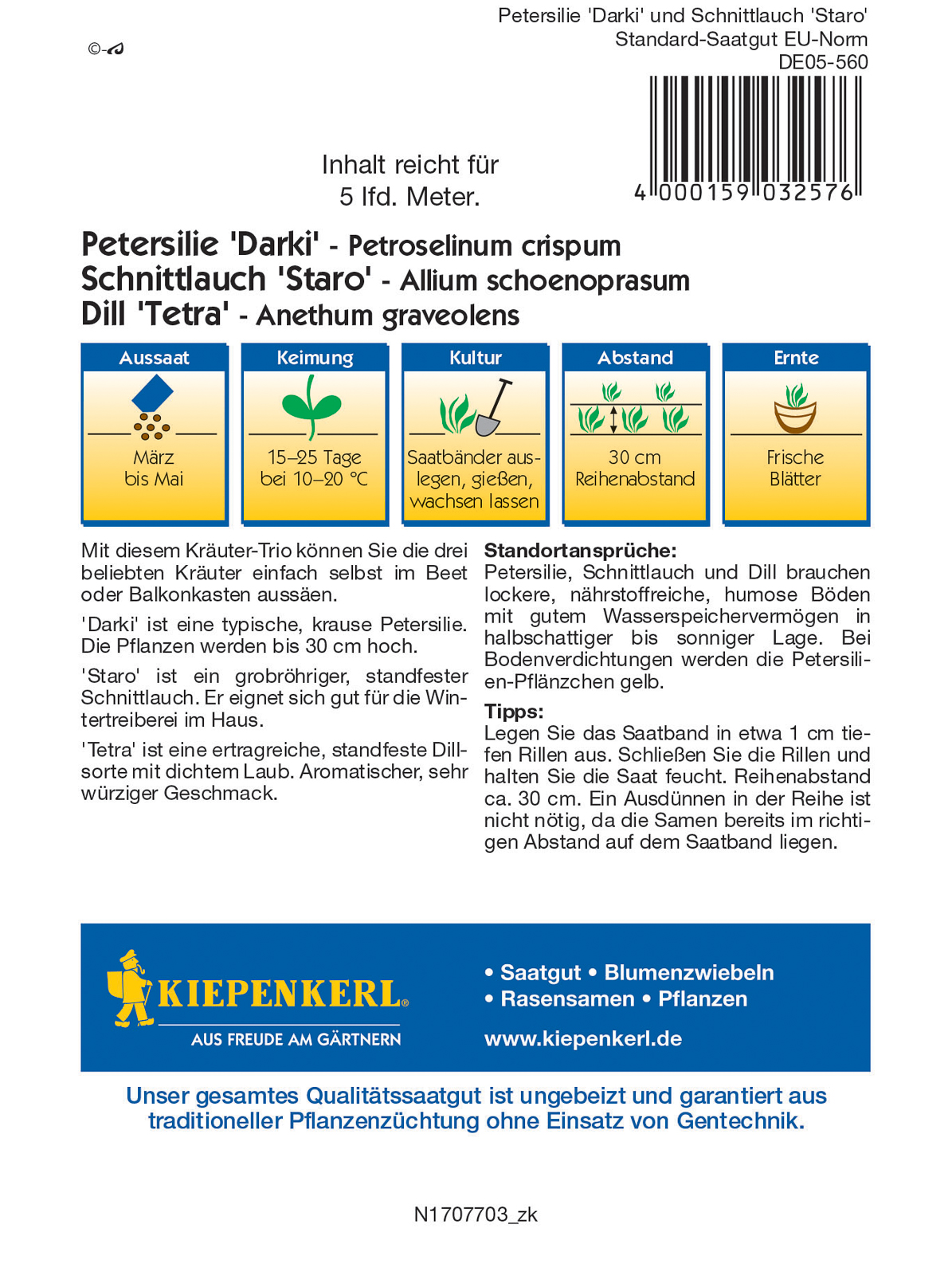 Gewürz-Trio Samenstreifen (Petersilie, Schnittlauch, Dill) Kiepenkerl 5 m